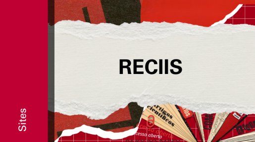 Imagem de divulgação do site da revista Reciis, com fundo vermelho, com ilustração e etiqueta Sites