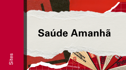 Imagem de divulgação do site Saúde Amanhã, com fundo vermelho, com ilustração e etiqueta Sites