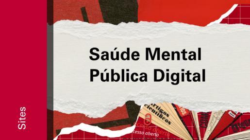 Imagem de divulgação do site da plataforma de Saúde Mental, com fundo vermelho, com ilustração e etiqueta Sites