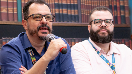 Marcel Pedroso e Adriano da Silva, durante as apresentações do evento.