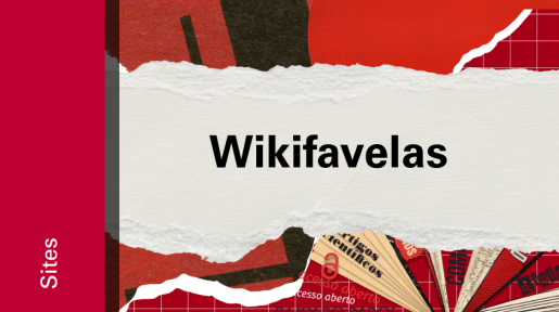 Imagem de divulgação do site Wikifavelas, com fundo vermelho, com ilustração e etiqueta Sites