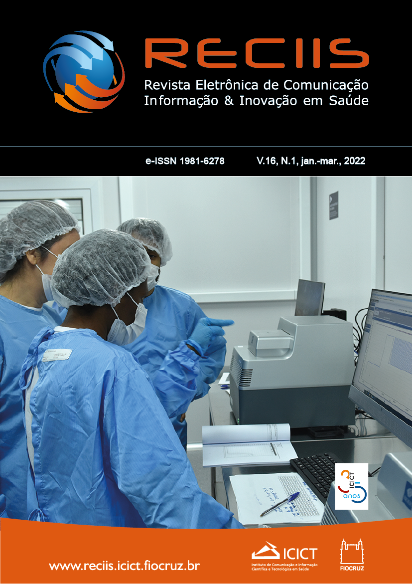 Capa da revista Reciis, como pessoas ao redor de equipamento, usando jaleco. Arte: Luciana Clua/Multimeios.