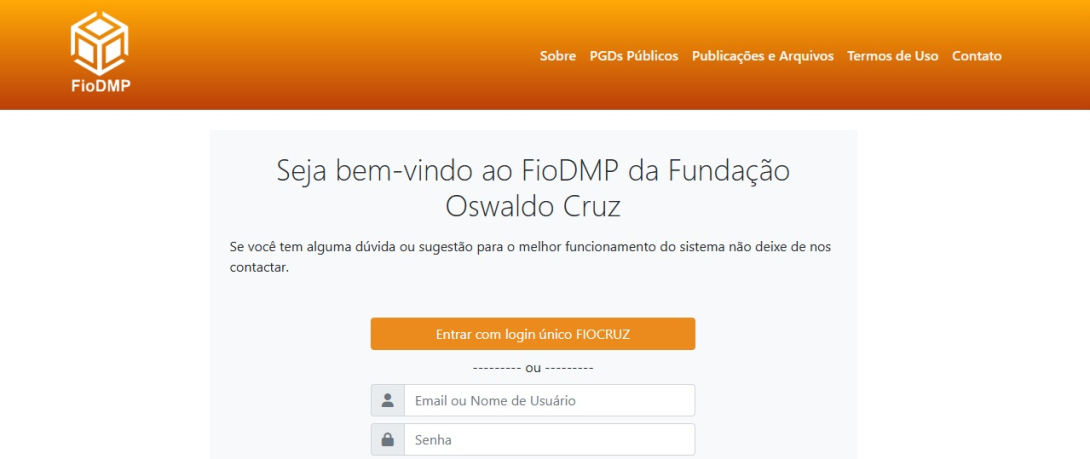 Página inicial do sistema FioDMP com menu horizontal e tela para digitação de senha.