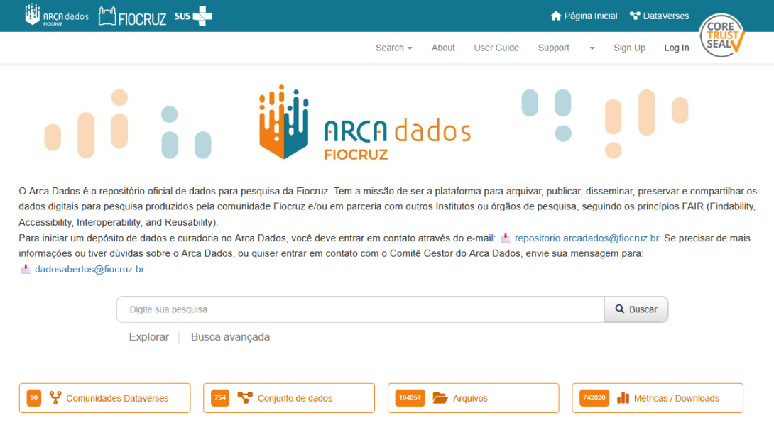 Página inicial do Arca Dados Fiocruz