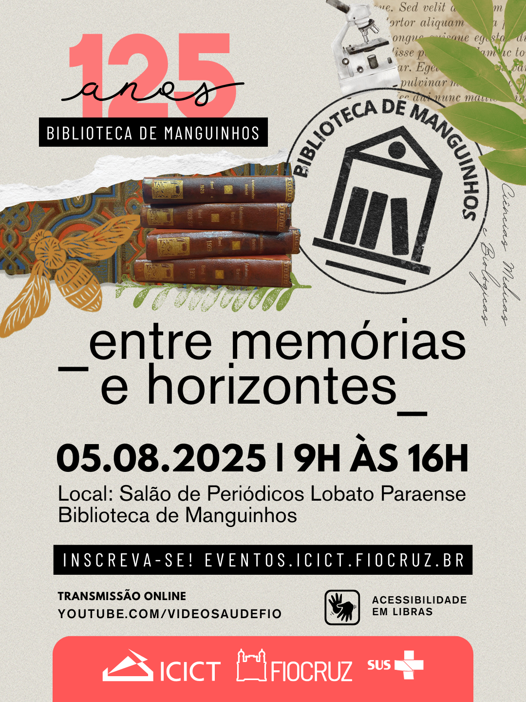 Arte de divulgação do aniversário da Biblioteca de Manguinhos cim livros, microscópios e plantas ilustrativas. Arte: Thays Coutinho/Ascom.