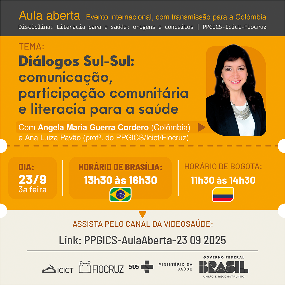Imagem de divulgação da aula aberta do PPGICS sobre literacia para a saúde.